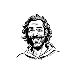 Detailed black and white sketch portrait of a happy man with beard smiling