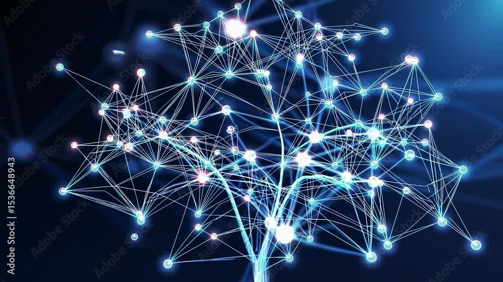 Poster complex tree-like structure featuring glowing nodes and interconnecting lines, representing a neural