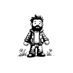 Cartoon bearded man in jacket standing near flowers black and white illustration