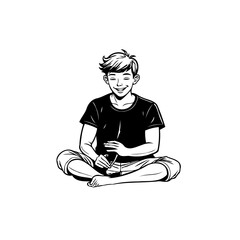 Boy in Meditation Pose Enjoying Music with Phone in Peaceful Relaxation