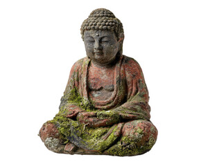 Ancient Buddha statue covered with moss and weathered texture, sitting in meditation pose with serene expression, isolated on transparency background
