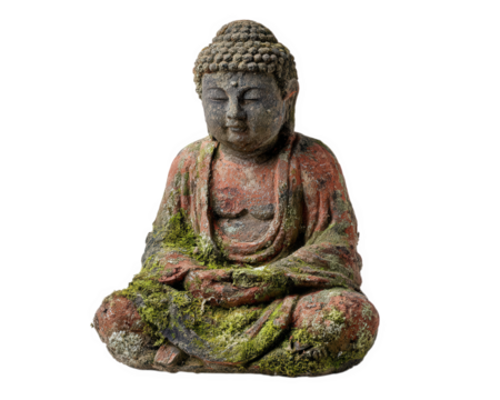 Ancient Buddha statue covered with moss and weathered texture, sitting in meditation pose with serene expression, isolated on transparency background