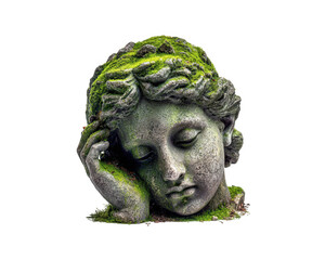 Obraz premium Moss covered stone statue head with closed eyes resting on its hand, showing weathered texture and natural green growth, evoking peaceful and ancient atmosphere