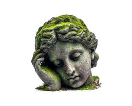 Moss covered stone statue head with closed eyes resting on its hand, showing weathered texture and natural green growth, evoking peaceful and ancient atmosphere