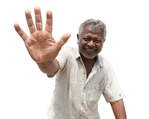 Smiling elderly man with gray hair and beard wearing light checkered shirt, showing open hand gesture with joyful expression isolated on transparency background