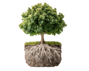 Tree with green leaves and extensive root system in soil, isolated on transparency background, showing natural growth and underground structure with healthy roots and grass on top