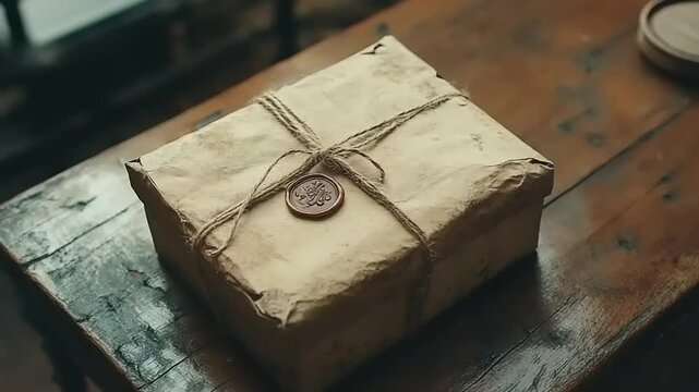 Vintage parcel wrapped with twine on a wooden table
