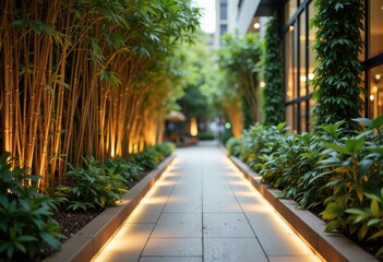 Obraz premium Modern outdoor walkway illuminated by subtle lighting, surrounded by lush greenery and tall bamboo plants