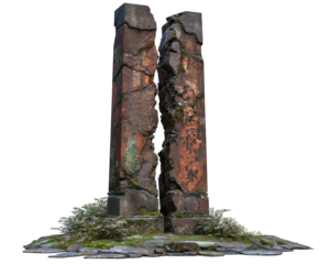 Weathered split stone monument with moss and plants growing around its base, showing cracks and erosion on its surface, isolated on transparency background with natural, aged appearance