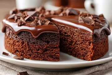 Delicious chocolate cake with chocolate icing and chocolate shavings on white plate