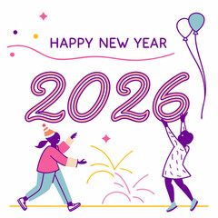 Happy new year 2026 celebration illustration two people holding numbers balloons fireworks