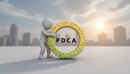 PDCA Plan do check action concept, 3D figure embracing PDCA symbol against a city skyline backdrop.
