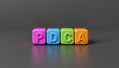 PDCA Plan do check action concept, Colorful blocks spelling PDCA on a reflective surface.