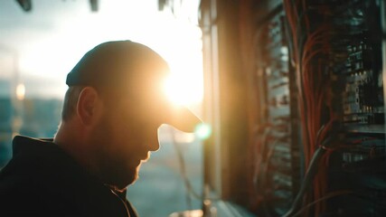 Man electrician or engineer working on electrical wiring. Professional worker fixing internet and network cables. Backlit footage. - Powered by Adobe