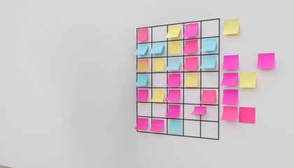 Colorful sticky notes arranged on a wall grid for organization.