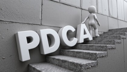 PDCA Plan do check action concept, 3D figure climbing stairs with "PDCA" letters symbolizing progress.
