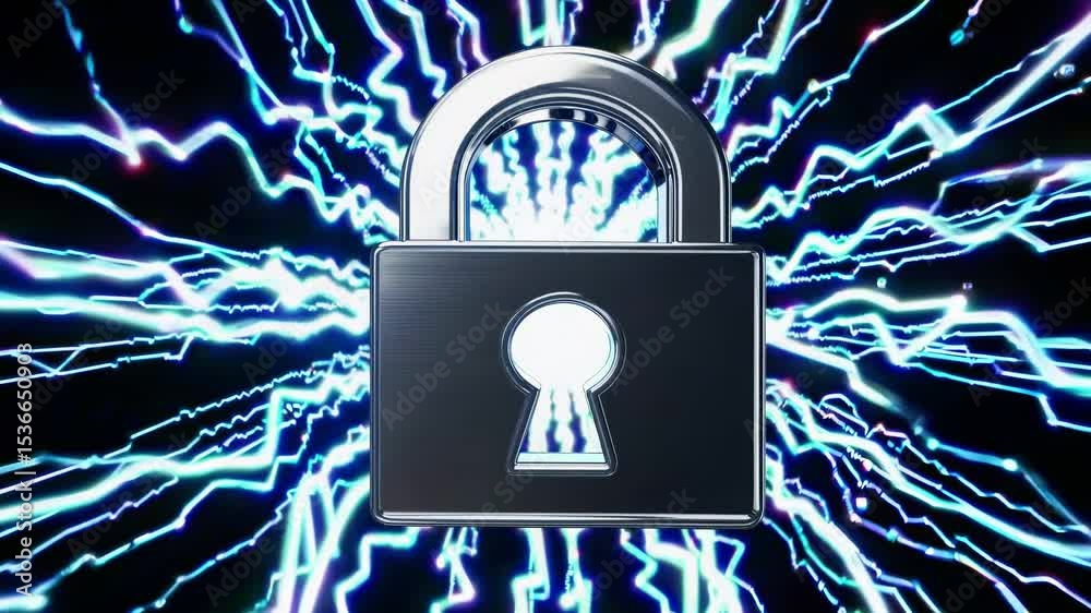 Poster chrome padlock securing a data stream, protecting sensitive information from cyber attacks while ens