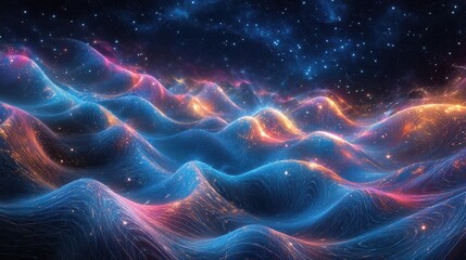 Obraz premium Abstract landscape with glowing lines and night sky in outer space