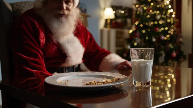 Santa Claus sitting at the table with an empty plate and glass. On his right is a glass of milk for cookies. On one side, there's a Christmas tree, and on the other, there's modern furniture.
