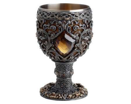 Ornate metal goblet with intricate floral and vine patterns and amber gemstone decoration, isolated on transparency background, showcasing detailed craftsmanship and vintage style