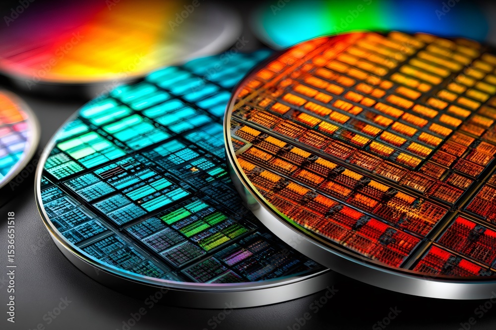 Poster Semiconductor wafers showing complex circuitry illuminating future technologies