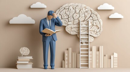 Figure, holding book and looking at cloud, embodies connection between education and mental growth, while ladder symbolizes journey toward higher knowledge.