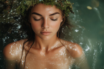 Obraz premium Young Woman with Moss Crown Floats Calmly in Natural Water Setting