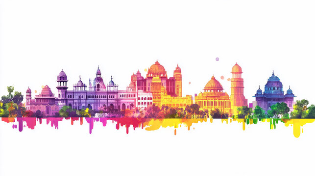 A vibrant vector illustration of Patna, India&rsquo;s city skyline, featuring colorful buildings and iconic landmarks set against a clean white background. 