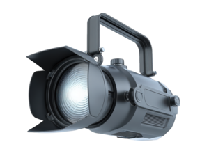 Theater spotlight with barn doors shining bright light, isolated on transparency background, professional stage lighting equipment for performances and events