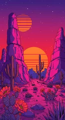 Foto auf Acrylglas Rosa Vibrant retro illustration of a psychedelic desert landscape in a synthwave 80s style. A surreal canyon with glowing pink and purple cacti and rock formations under a starry sky and stylized sunset.  © Vadym