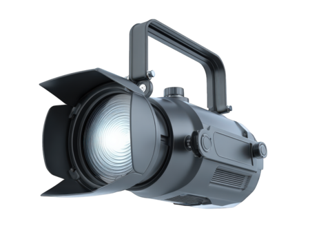 Theater spotlight with barn doors shining bright light, isolated on transparency background, professional stage lighting equipment for performances and events