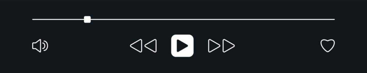 Mini Media Player interface for website. Dark theme playback screen. Minimalist ui display template. Control panel mockup with outline button editable stroke. Line simple icon on black background