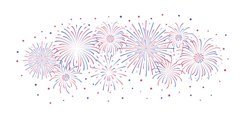 Fireworks isolated on white background. USA Independence Day blue red flash with stars. Simple flat style decoration for poster cover banner. 4th of July Blast explosion. Patriot Labor holiday.