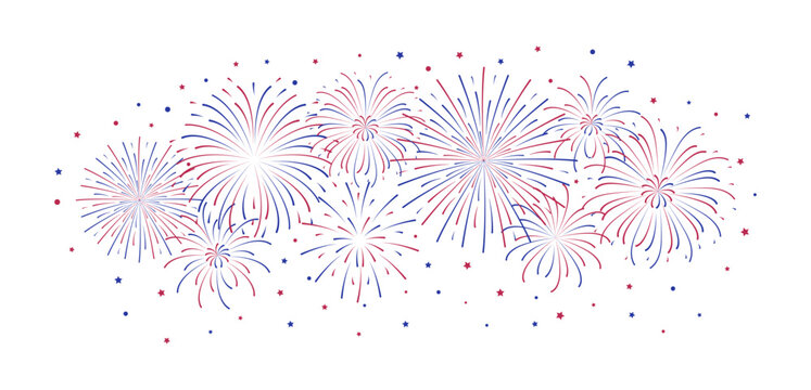 Fireworks isolated on white background. USA Independence Day blue red flash with stars. Simple flat style decoration for poster cover banner. 4th of July Blast explosion. Patriot Labor holiday.