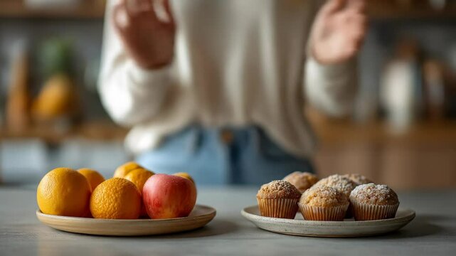 Woman making a tough choice between healthy fruit and unhealthy sugary muffins. Concept of diet, nutrition, and food selection decision making footage.