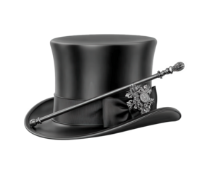 Black vintage top hat with decorative band and ornate silver cane resting on it, showcasing classic elegance and style in detailed isolated image