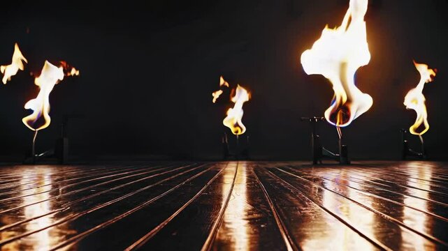 Several lit bunsen burners stand on a polished wooden floor, their flames burning brightly against a dark background, creating a dramatic and scientific scene