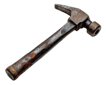 Rusty claw hammer isolated on transparency background with worn metal head and handle, showing signs of heavy use and age in close up view