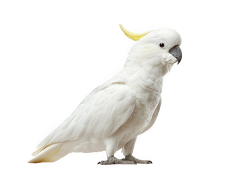 White cockatoo bird with yellow crest standing isolated on transparency background, showing detailed feathers and curious expression in natural light