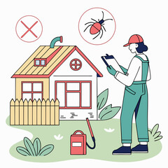 Pest control technician inspecting house for insects in backyard  