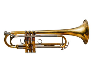 Vintage brass trumpet with three valves and worn finish isolated on transparency background, showing detailed metalwork and tubing in musical instrument
