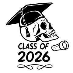 Skull wearing graduation cap class of 2026 illustration