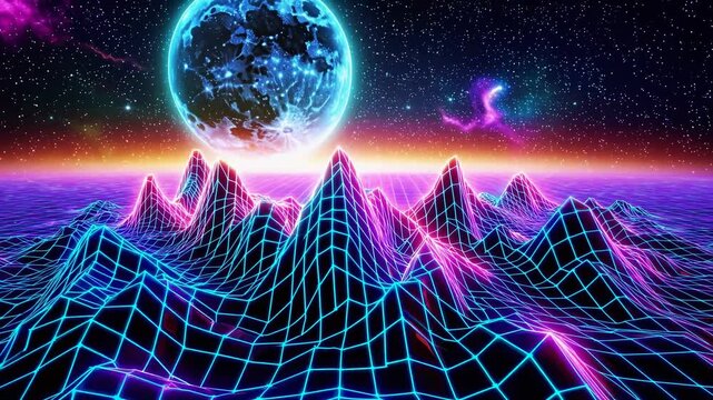 Retro futuristic synthwave alien planet landscape featuring glowing grid mountains, a large planet, stars, and colorful nebulae, creating a vibrant and otherworldly scene