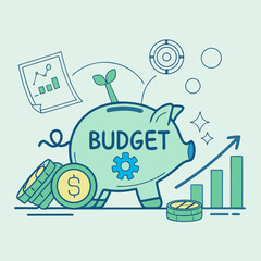Naklejka premium Budget piggy bank with coins and growth chart in flat design 