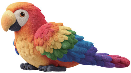 A digital image depicting a figurine of a macaw parrot. The figurine is predominantly in various shades of red, orange, yellow, green, blue, and purple, creating a rainbow effect on its plumage.