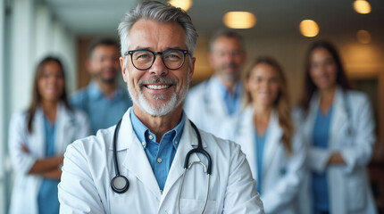 A confident, middle-aged doctor with a friendly smile stands in the foreground, wearing a white lab coat and a stethoscope around his neck.