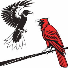 Black crow and red cardinal birds facing off on branch