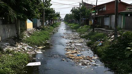 Obraz premium Toxic discharge fills the river as factories pollute, spreading illness among people who rely on the water.