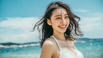 Naklejka premium Close-Up of Smiling Woman in White Bikini at the Beach on a Sunny Day 