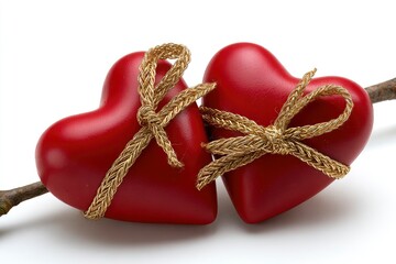 Naklejka premium Two red hearts joined by gold ropes rest on a branch against a white background